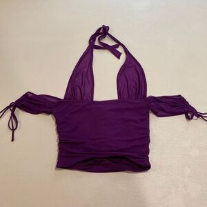 Oh Polly Purple Mesh Ruched Halter Crop Top Women’s Size 6